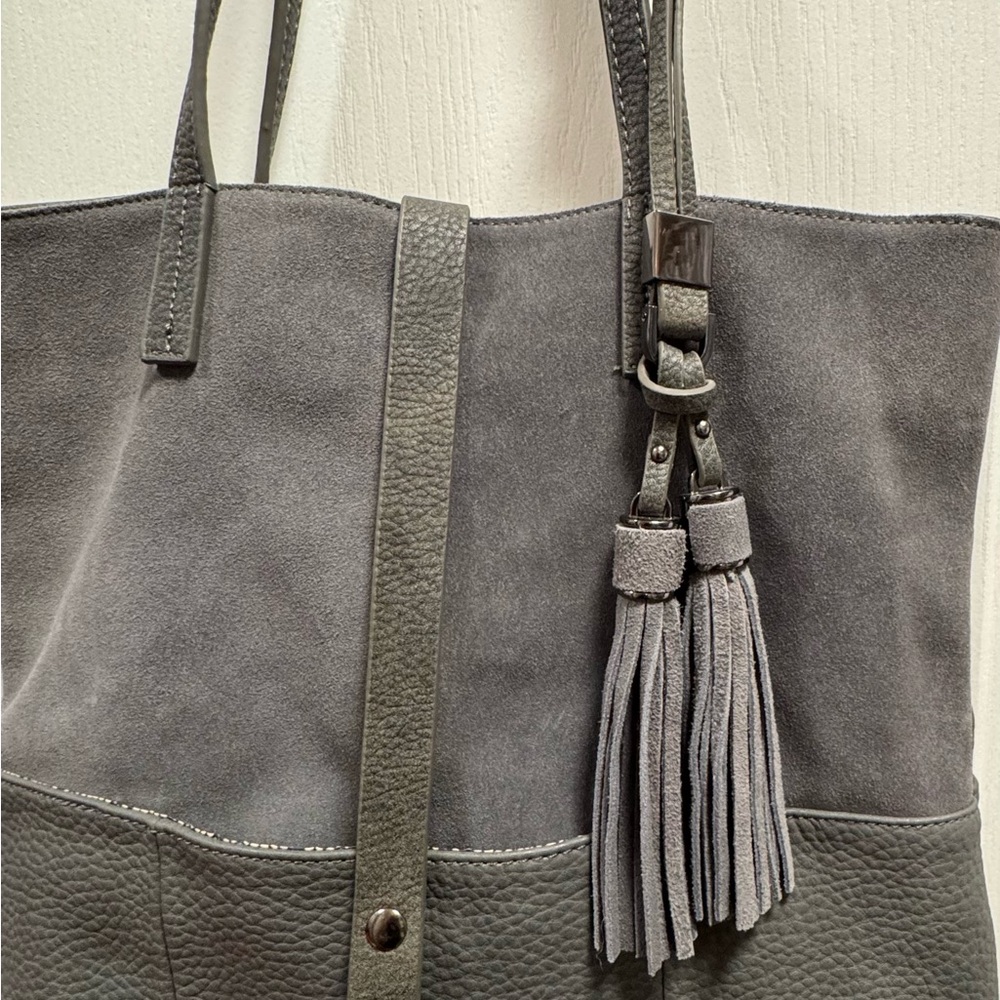 Vintage Moda Luxe Gray Leather & Suede LARGE Tote Bag Tassel Shoulder Purse - Picture 3 of 12